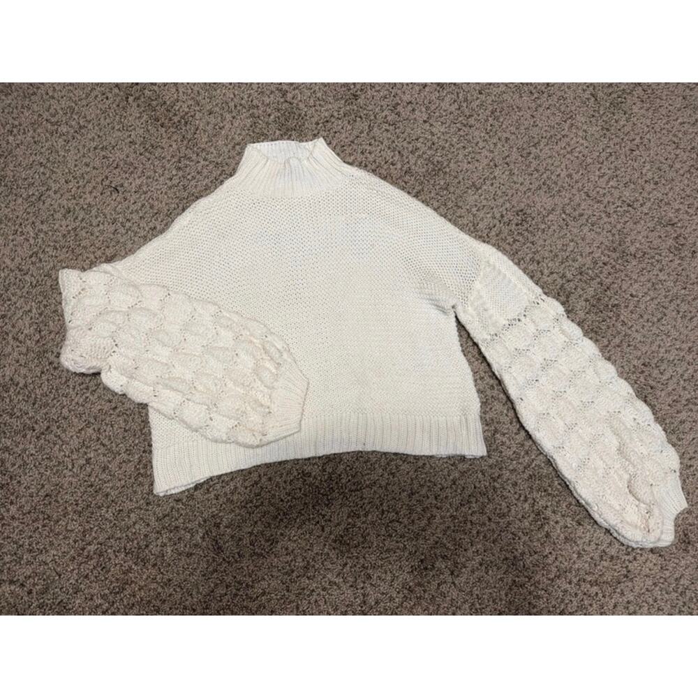 Cream net balloon sleeve mock neck turtleneck sweater s 3233